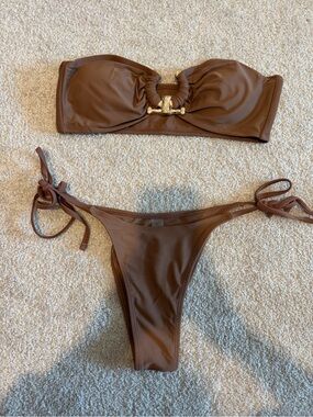 Brown Strapless Bikini Set with Gold Accent
